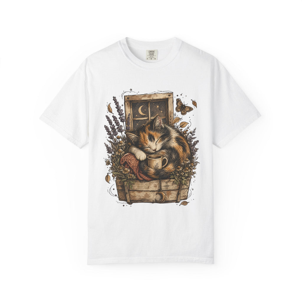 Cozy Cat Nook T-Shirt — Sleeping Cat with Tea & Lavender Graphic
