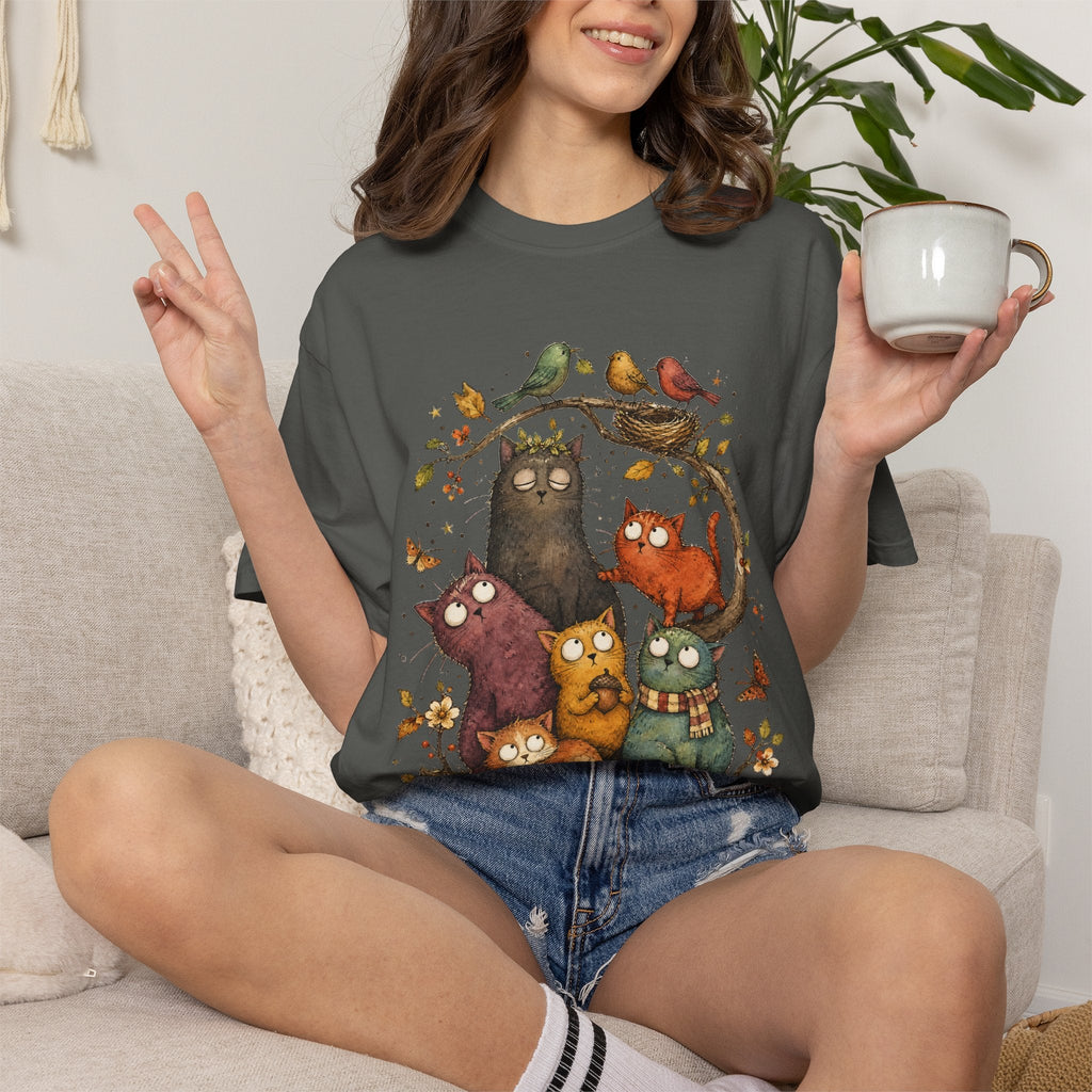 Cat Family Woodland Tee — Cute Autumn Cats Illustration T-Shirt