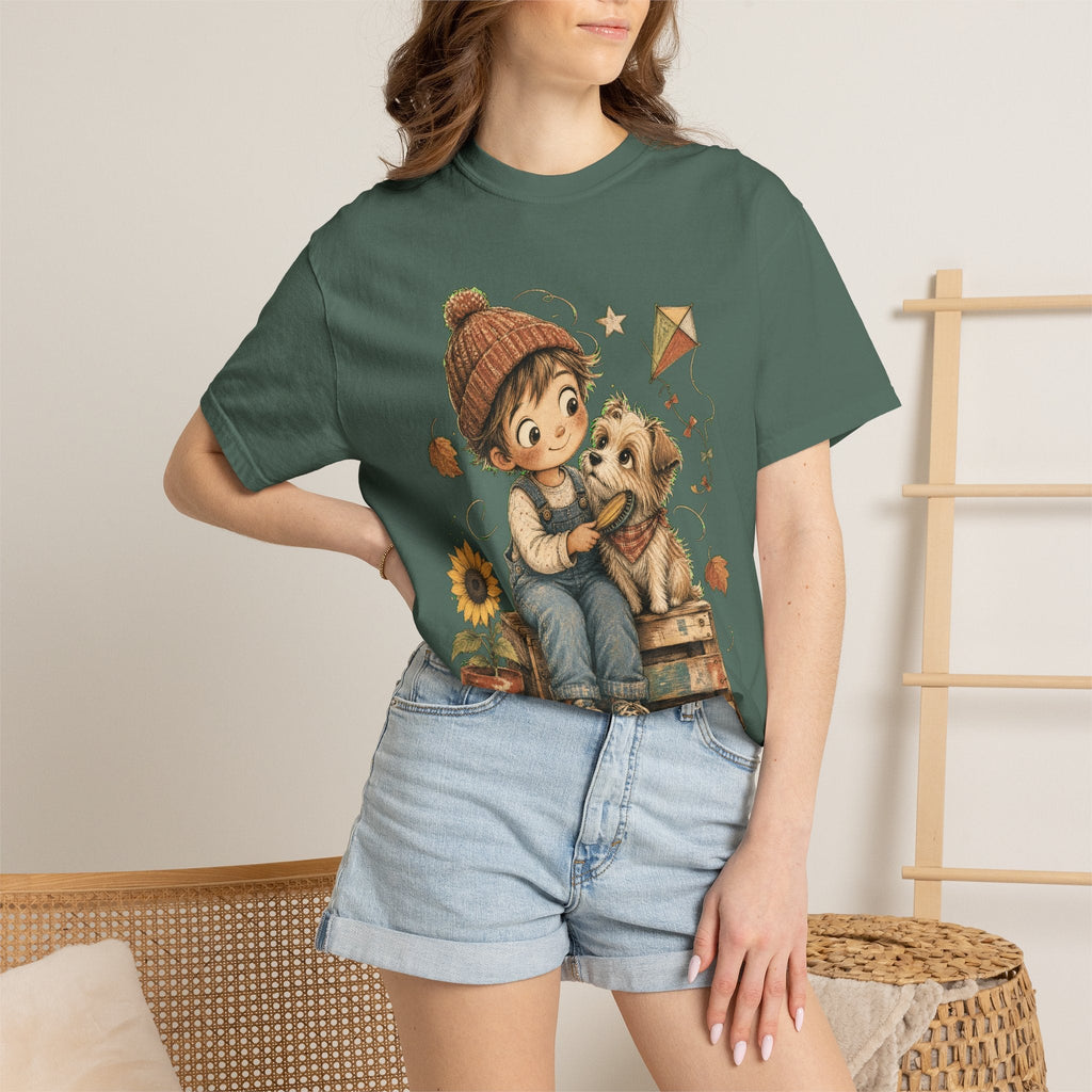 Autumn Kids & Puppy Graphic T-Shirt — Cozy Fall Cute Boy with Dog Design