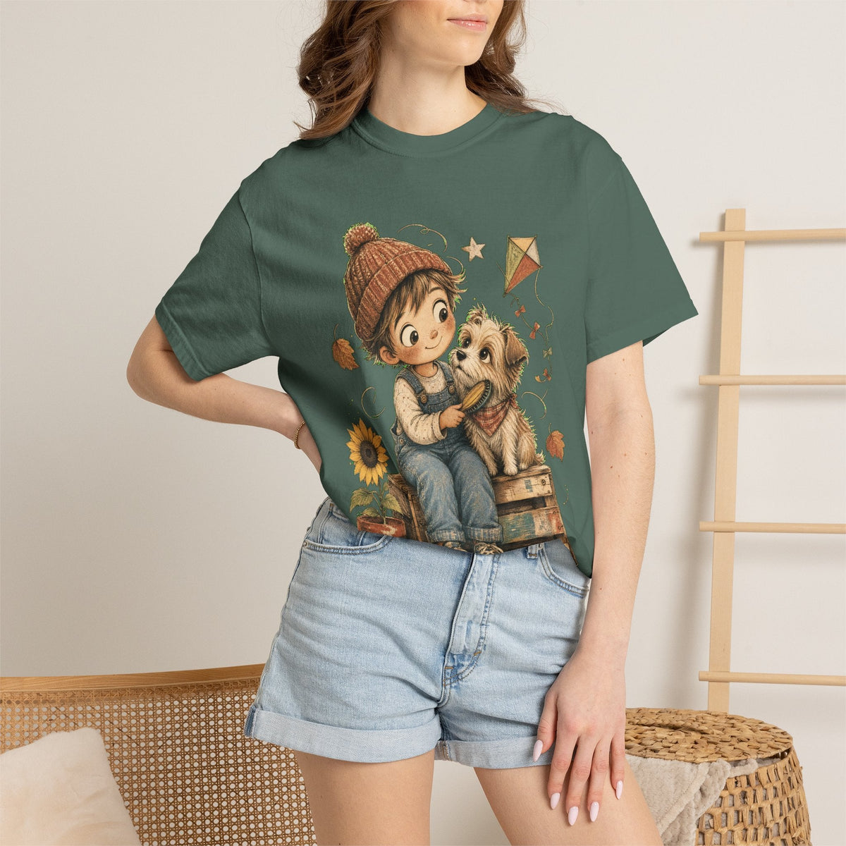 Autumn Kids & Puppy Graphic T-Shirt — Cozy Fall Cute Boy with Dog Design