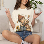 Autumn Kids & Puppy Graphic T-Shirt — Cozy Fall Cute Boy with Dog Design