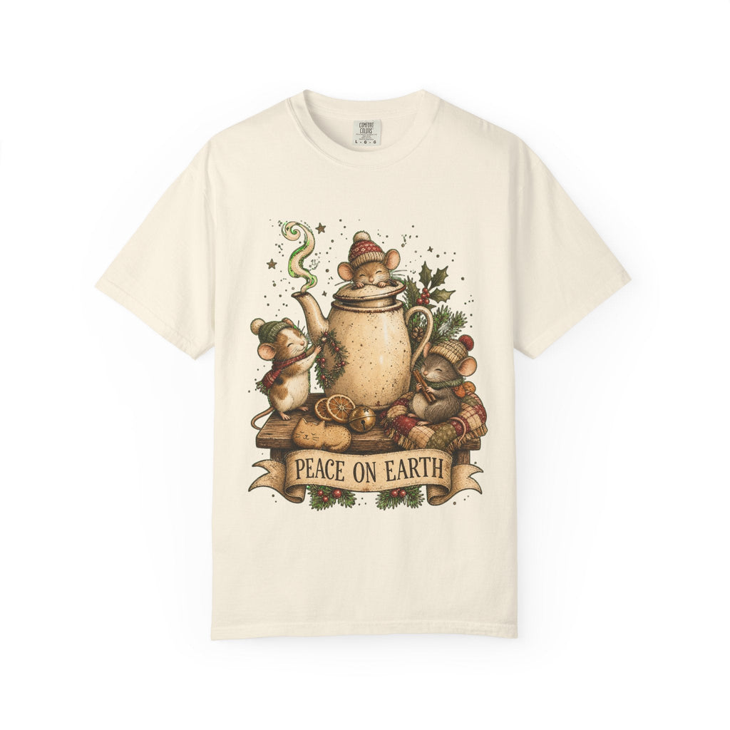 Peace on Earth Christmas T-Shirt — Vintage Holiday Tea & Mouse Illustration