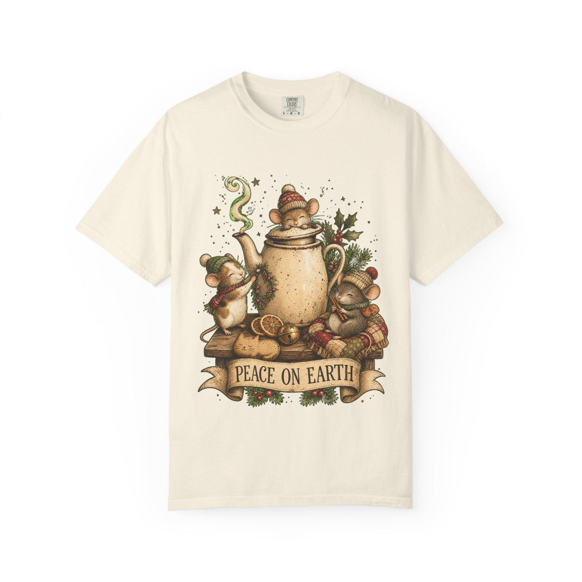 Peace on Earth Christmas T-Shirt — Vintage Holiday Tea & Mouse Illustration