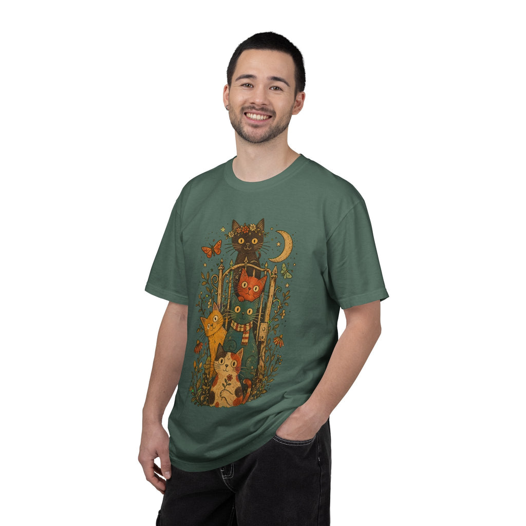 Cat Stack T-Shirt — Autumn Woodland Cats with Moon & Butterflies