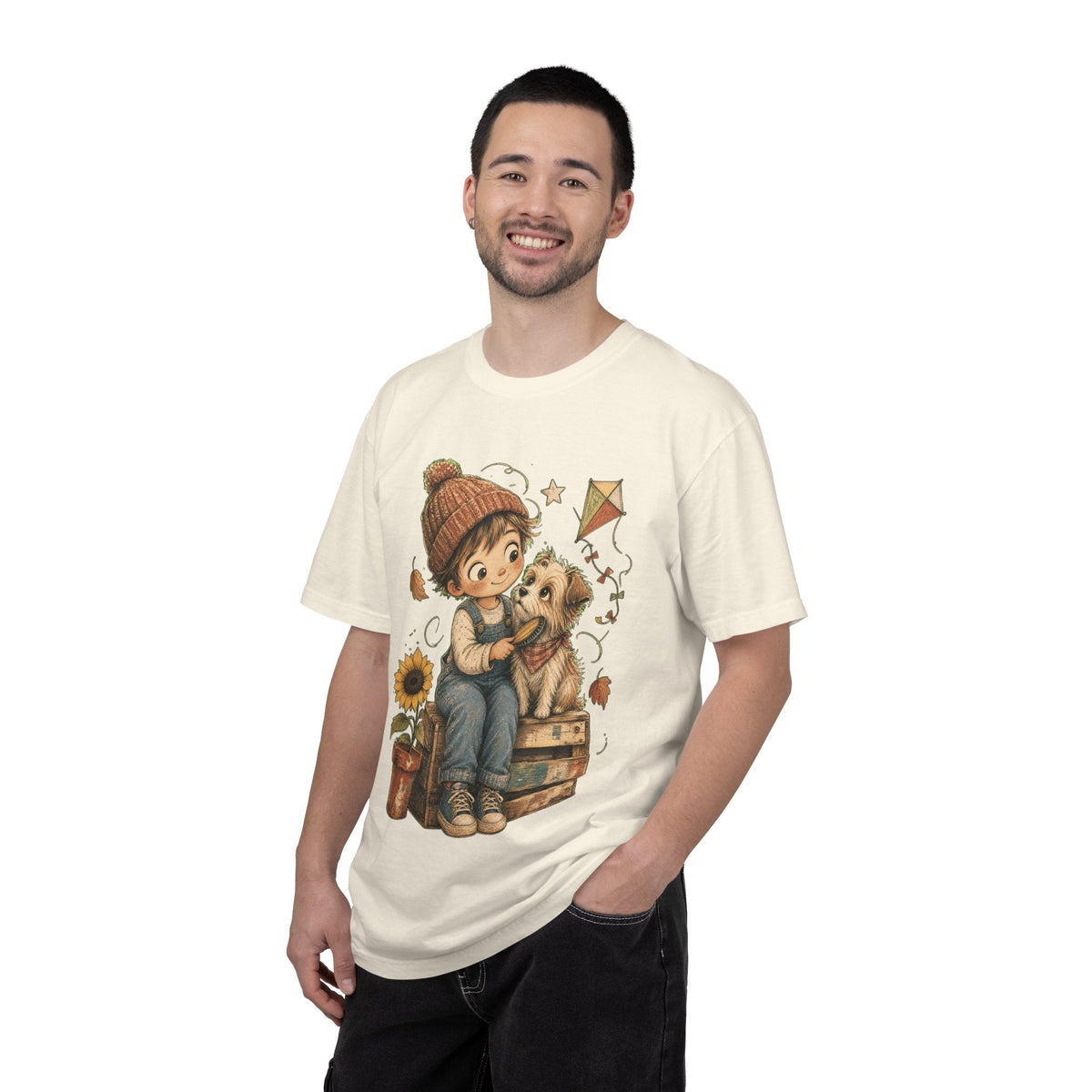 Autumn Kids & Puppy Graphic T-Shirt — Cozy Fall Cute Boy with Dog Design