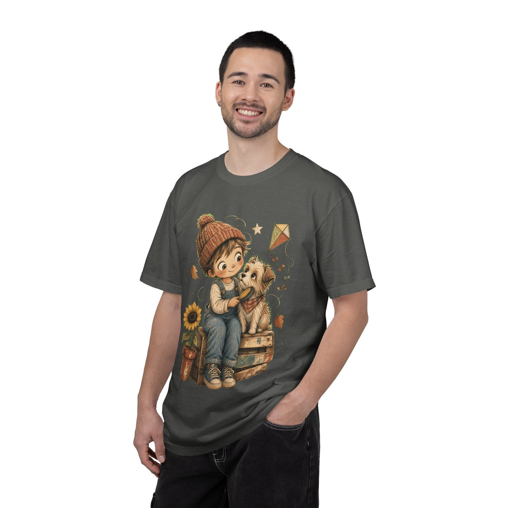 Autumn Kids & Puppy Graphic T-Shirt — Cozy Fall Cute Boy with Dog Design