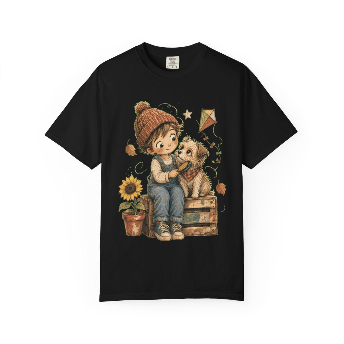 Autumn Kids & Puppy Graphic T-Shirt — Cozy Fall Cute Boy with Dog Design