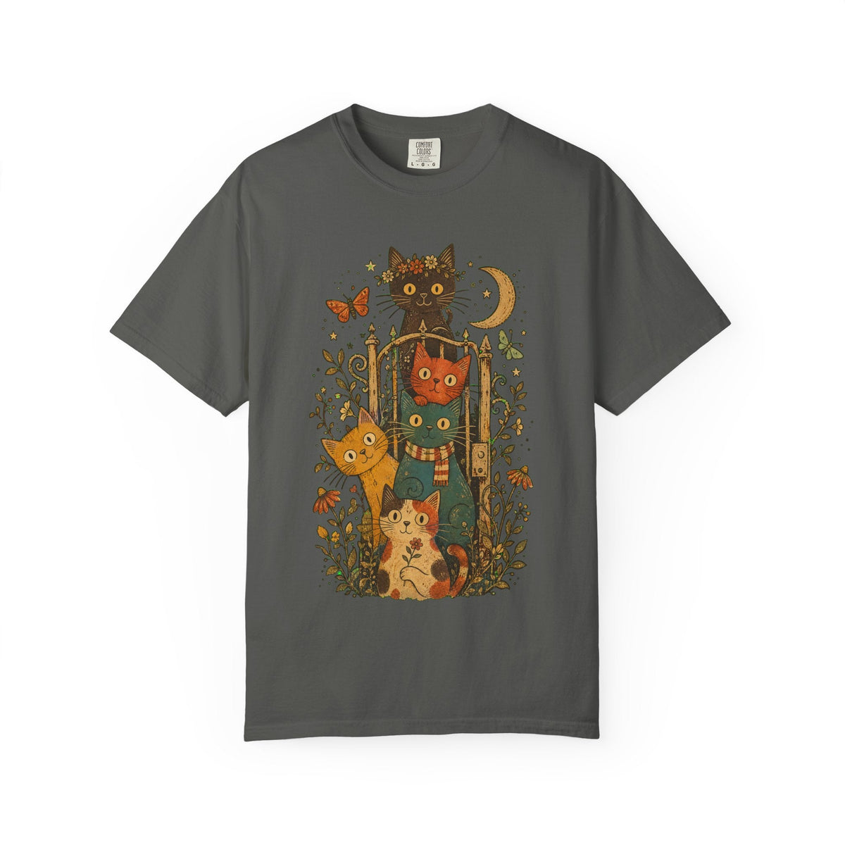 Cat Stack T-Shirt — Autumn Woodland Cats with Moon & Butterflies