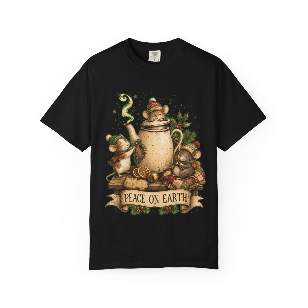 Peace on Earth Christmas T-Shirt — Vintage Holiday Tea & Mouse Illustration