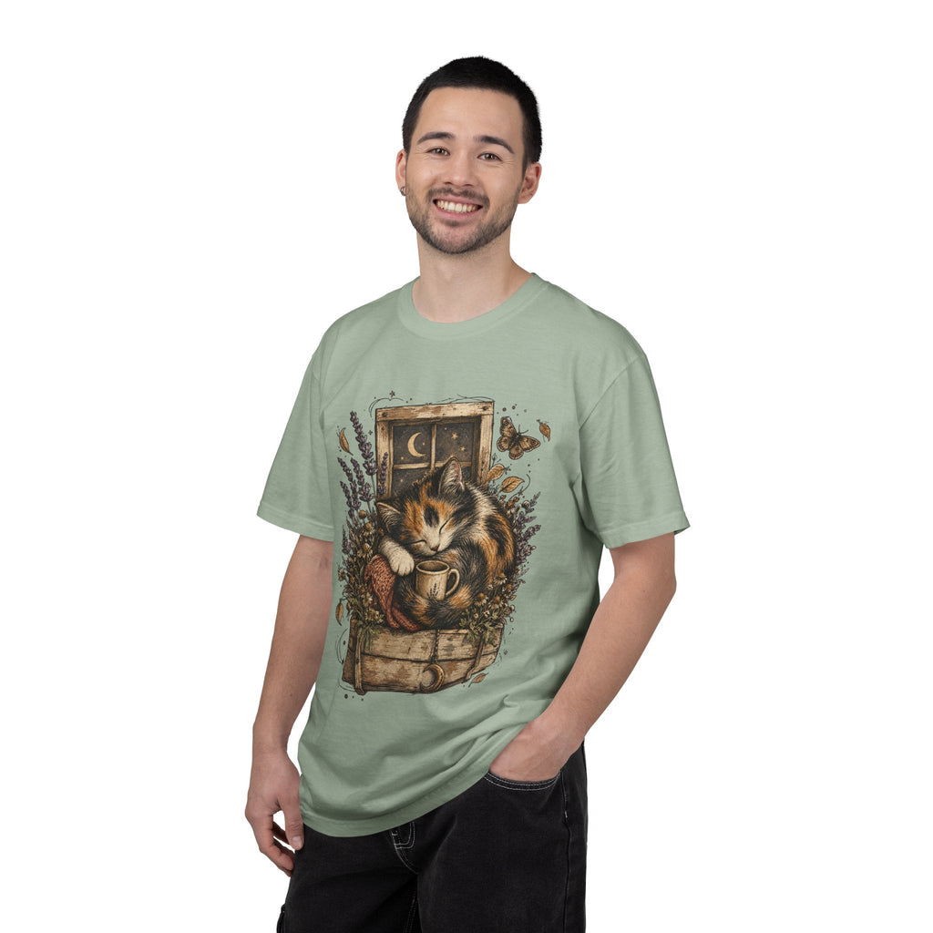 Cozy Cat Nook T-Shirt — Sleeping Cat with Tea & Lavender Graphic