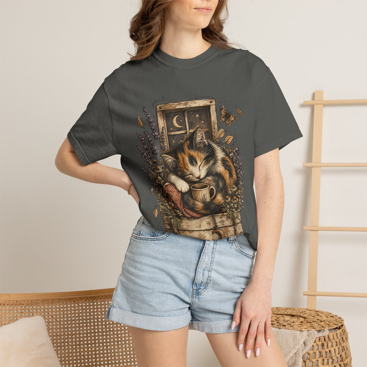 Cozy Cat Nook T-Shirt — Sleeping Cat with Tea & Lavender Graphic
