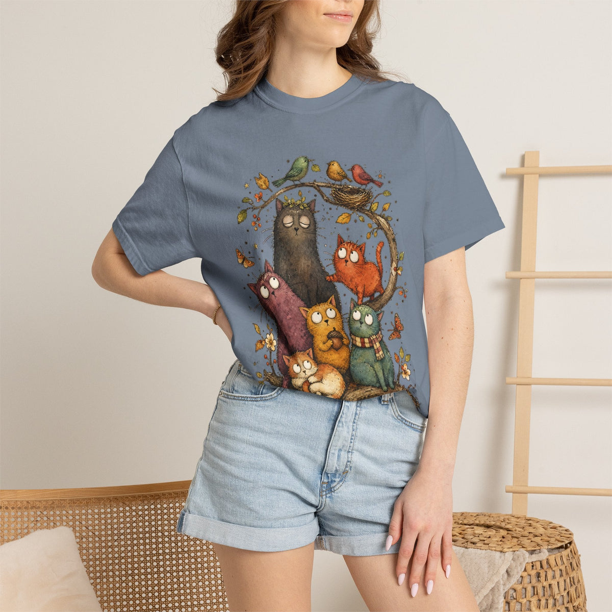 Cat Family Woodland Tee — Cute Autumn Cats Illustration T-Shirt