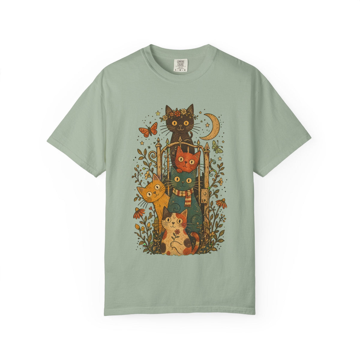Cat Stack T-Shirt — Autumn Woodland Cats with Moon & Butterflies