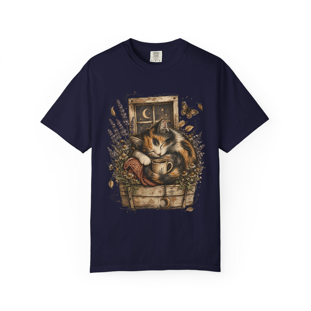 Cozy Cat Nook T-Shirt — Sleeping Cat with Tea & Lavender Graphic