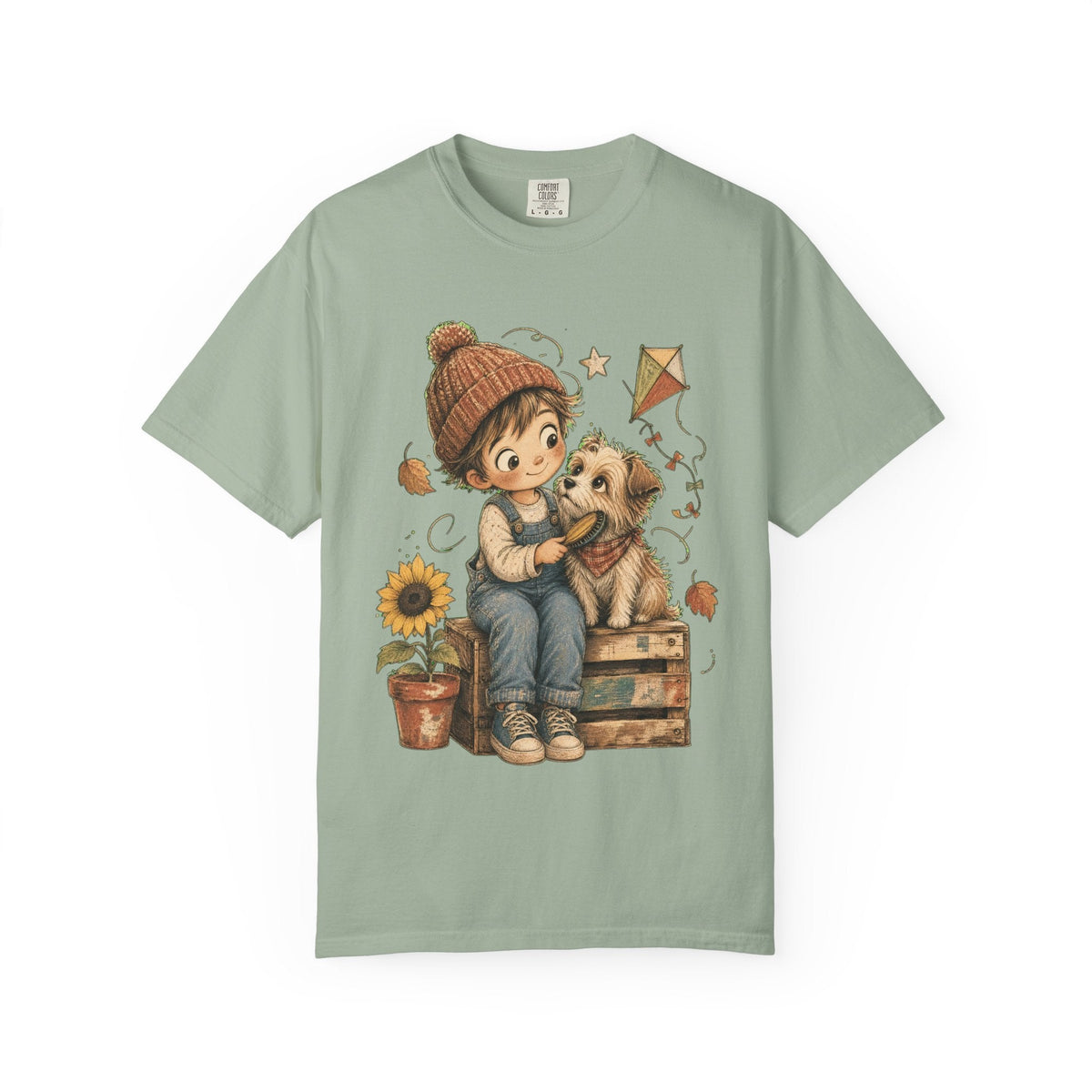 Autumn Kids & Puppy Graphic T-Shirt — Cozy Fall Cute Boy with Dog Design