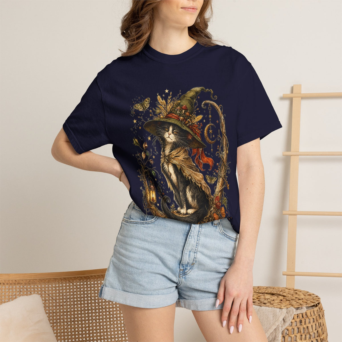 Witch Cat T‑Shirt — Autumn Witch Hat Cat Illustration