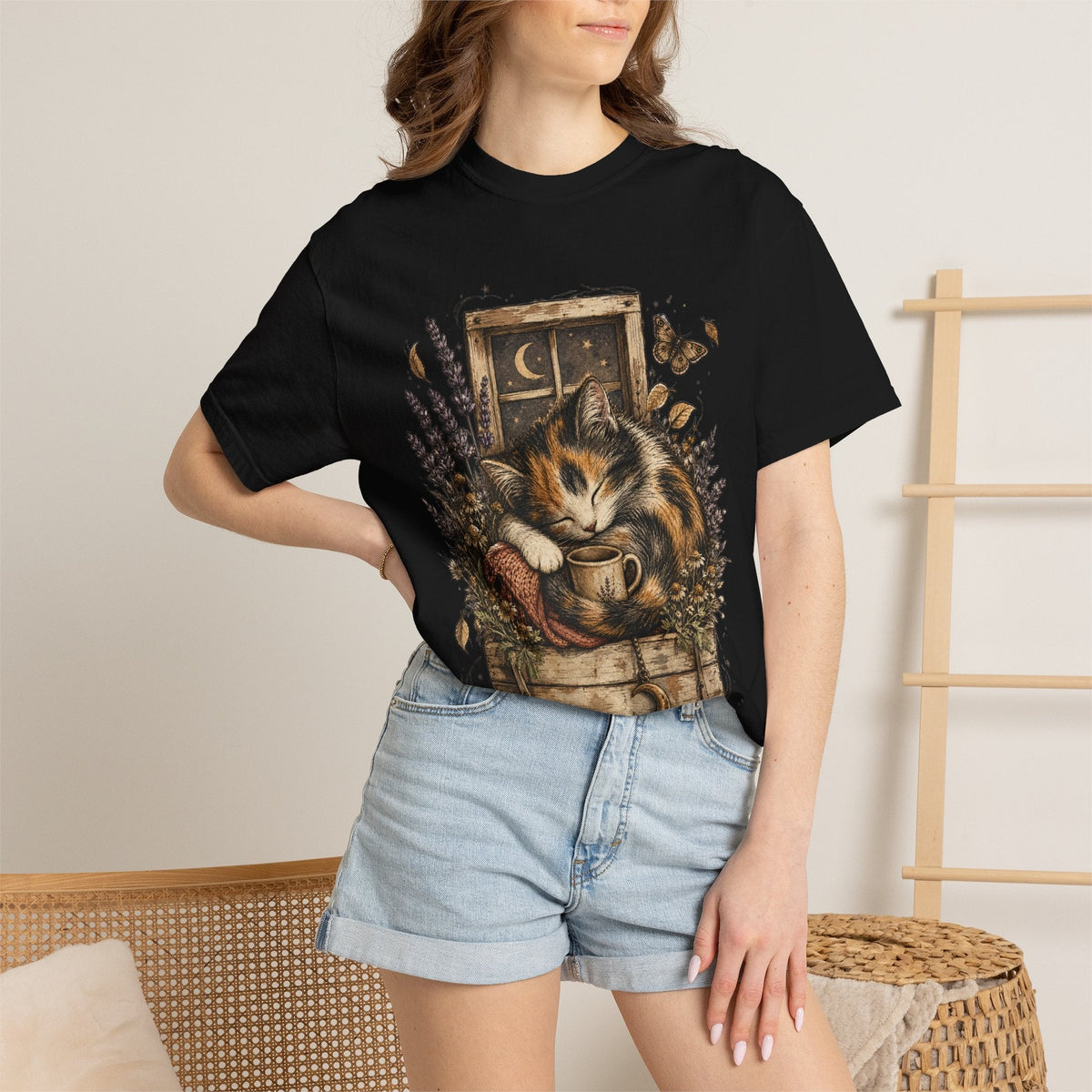 Cozy Cat Nook T-Shirt — Sleeping Cat with Tea & Lavender Graphic