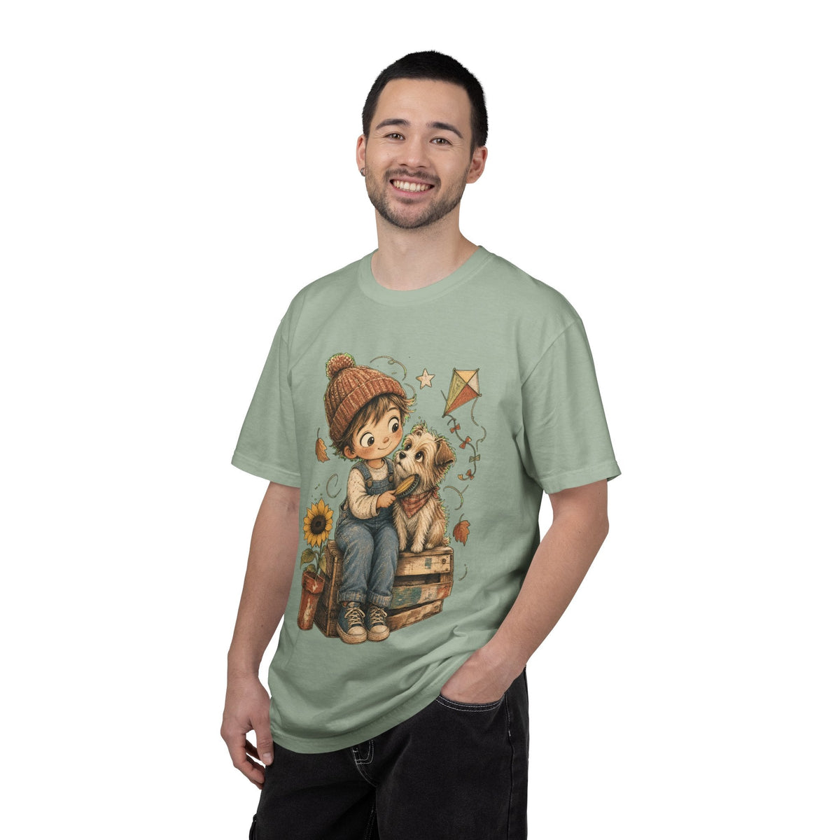 Autumn Kids & Puppy Graphic T-Shirt — Cozy Fall Cute Boy with Dog Design