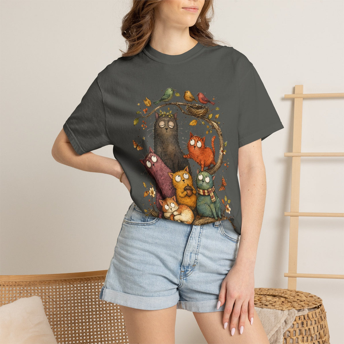 Cat Family Woodland Tee — Cute Autumn Cats Illustration T-Shirt