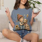 Autumn Kids & Puppy Graphic T-Shirt — Cozy Fall Cute Boy with Dog Design
