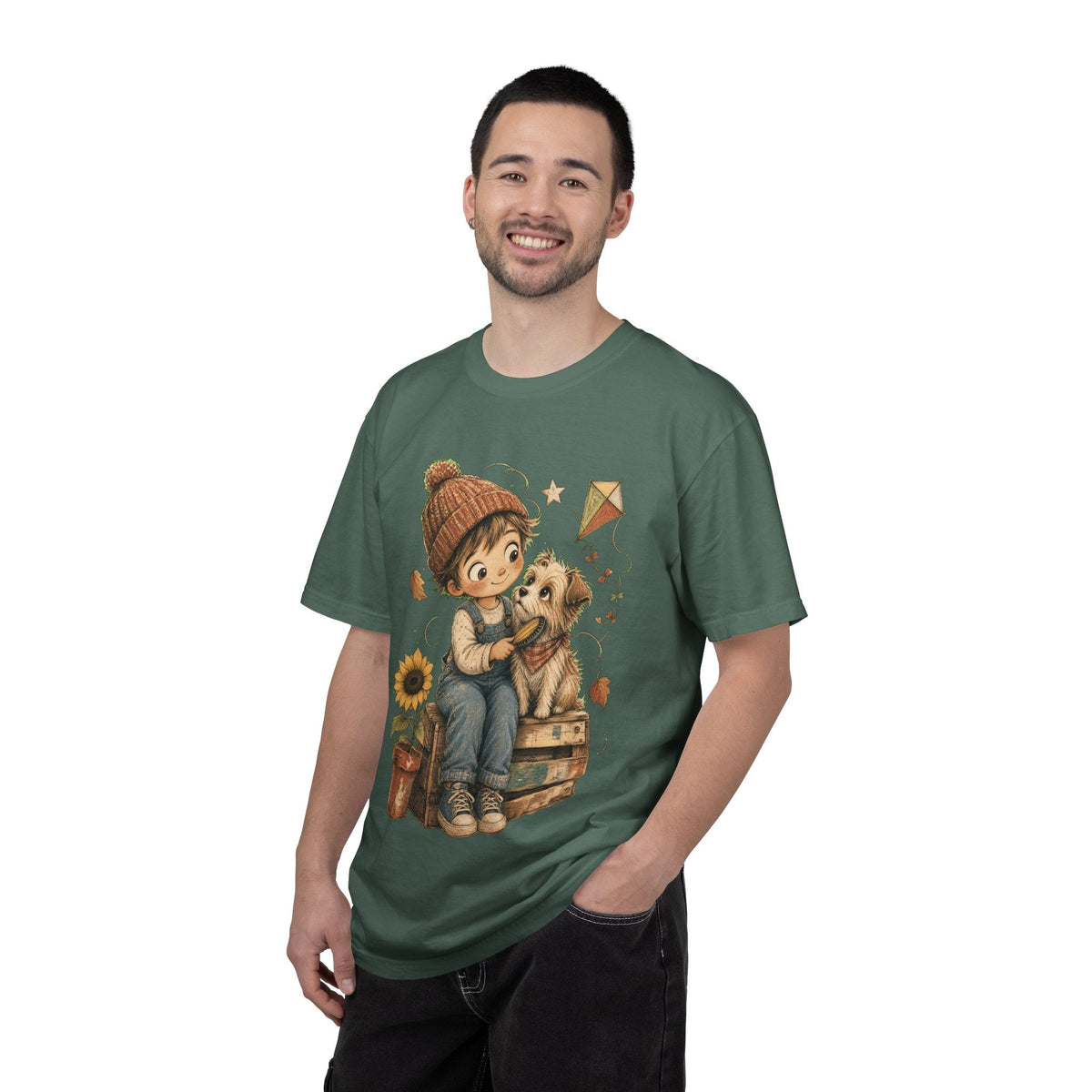 Autumn Kids & Puppy Graphic T-Shirt — Cozy Fall Cute Boy with Dog Design