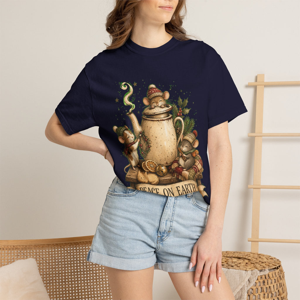 Peace on Earth Christmas T-Shirt — Vintage Holiday Tea & Mouse Illustration