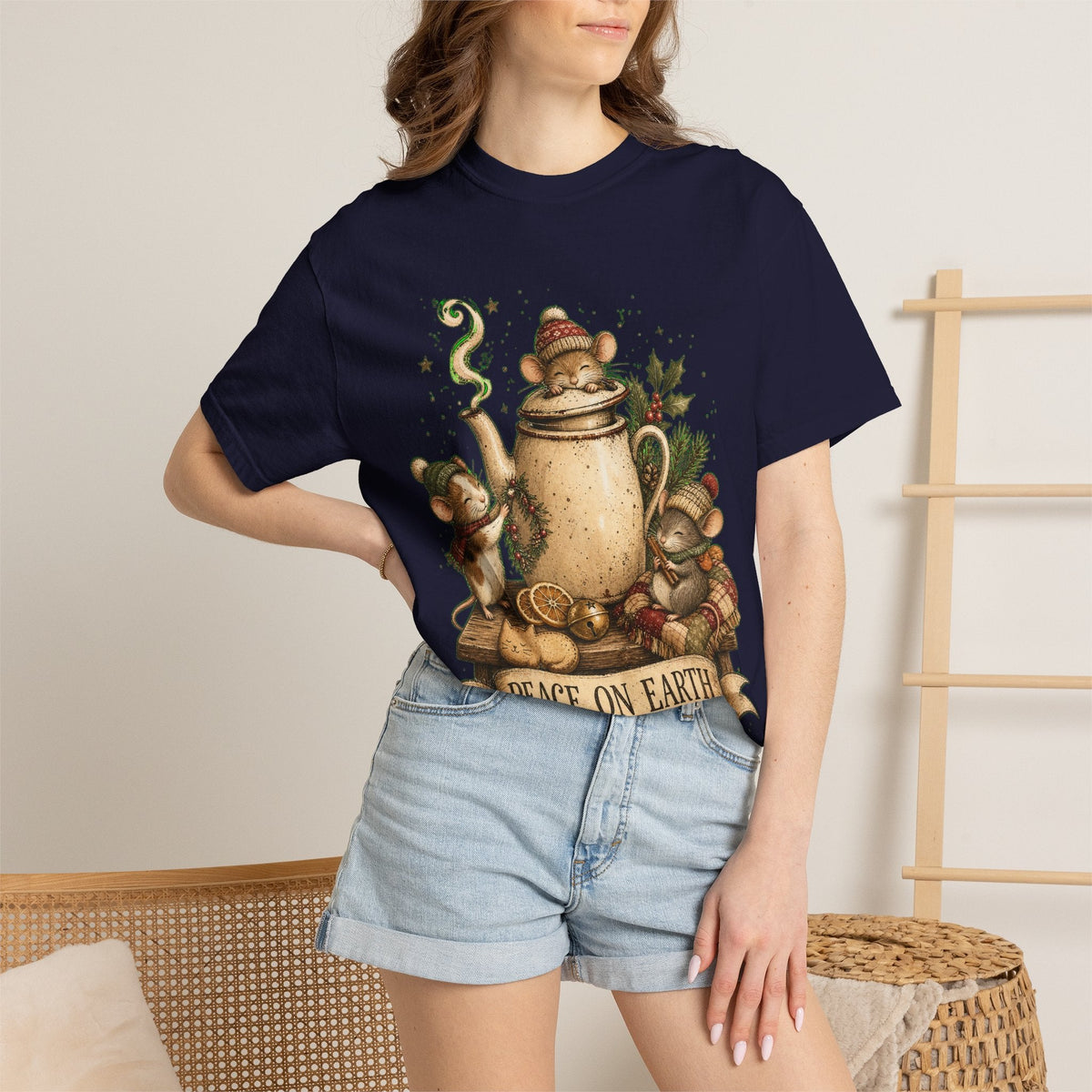 Peace on Earth Christmas T-Shirt — Vintage Holiday Tea & Mouse Illustration