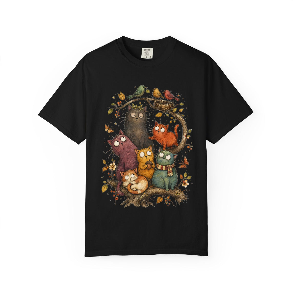 Cat Family Woodland Tee — Cute Autumn Cats Illustration T-Shirt