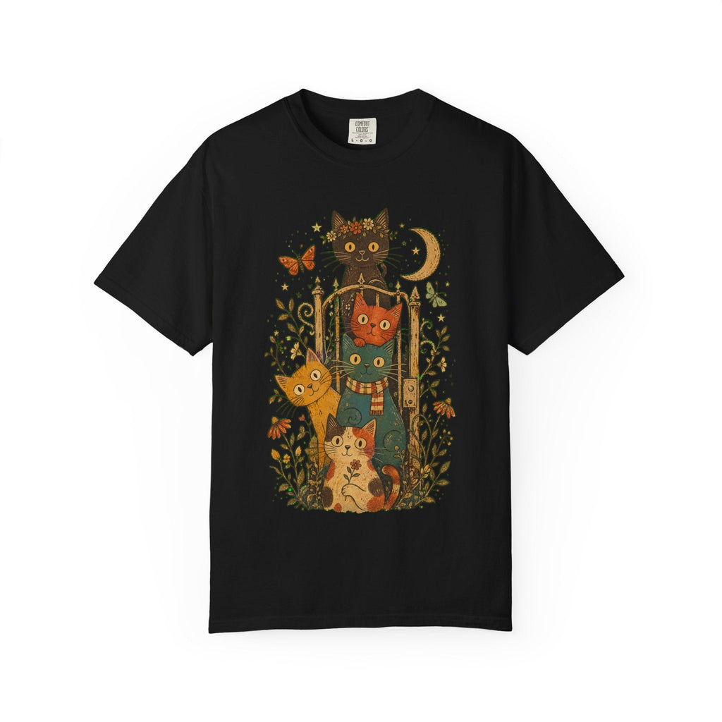 Cat Stack T-Shirt — Autumn Woodland Cats with Moon & Butterflies