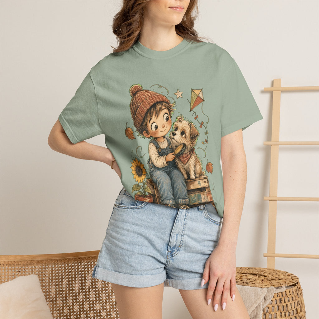 Autumn Kids & Puppy Graphic T-Shirt — Cozy Fall Cute Boy with Dog Design