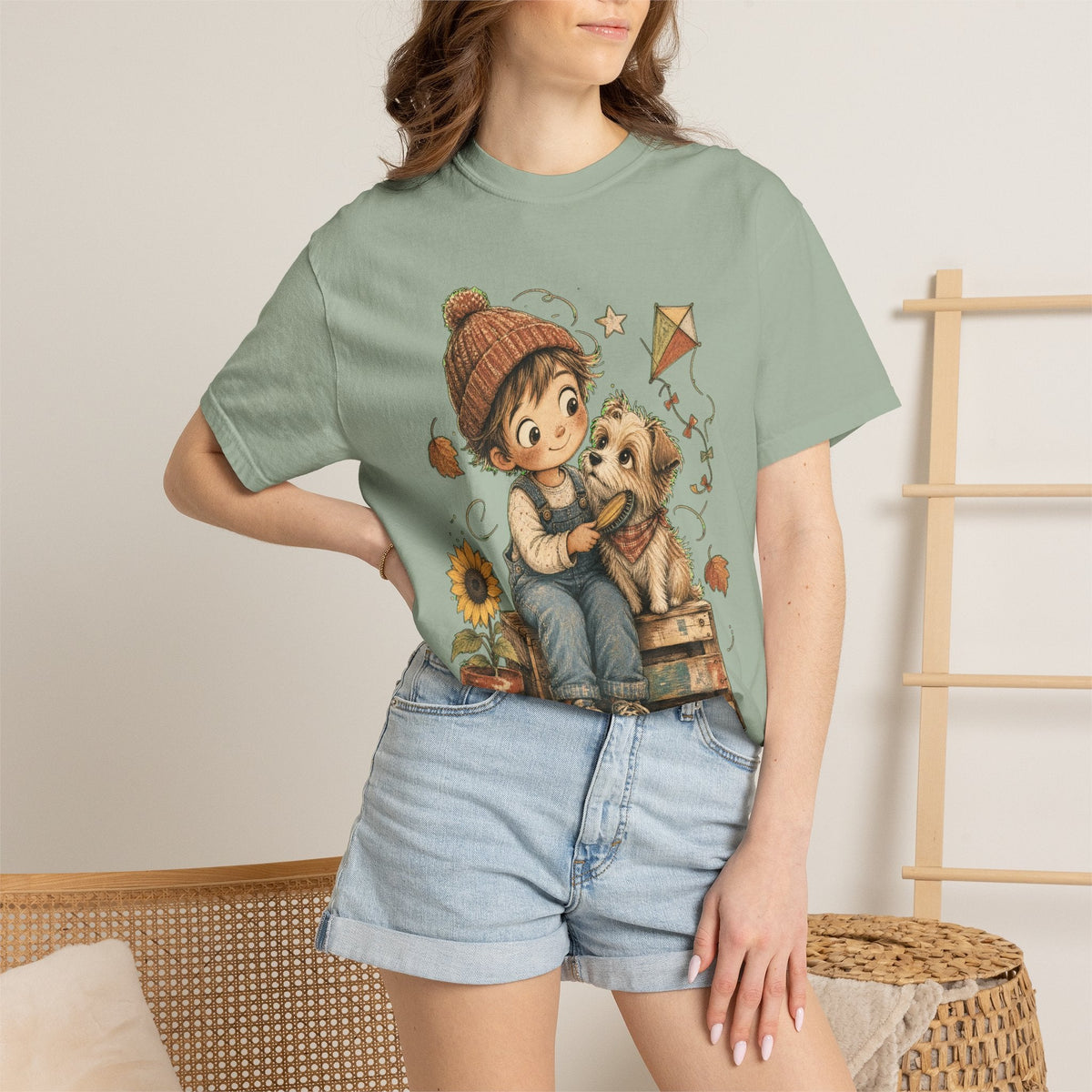 Autumn Kids & Puppy Graphic T-Shirt — Cozy Fall Cute Boy with Dog Design