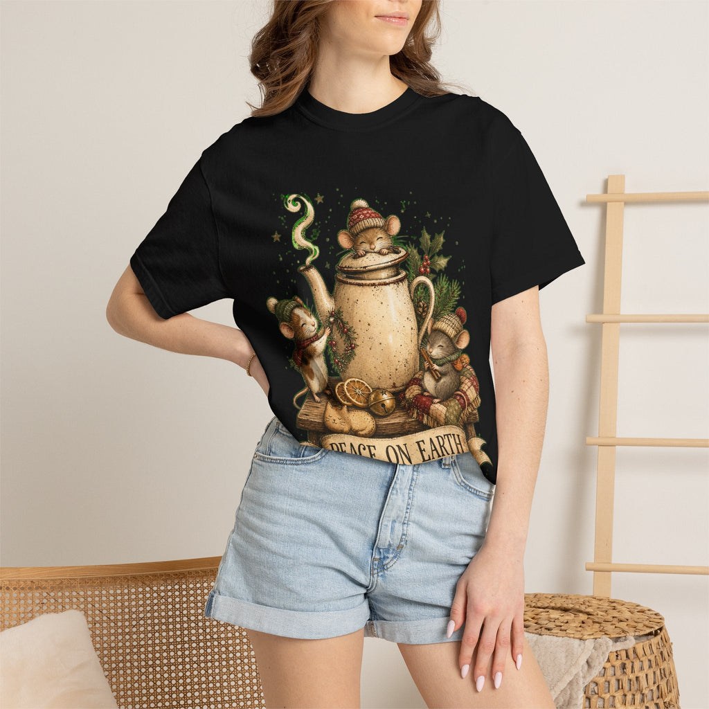 Peace on Earth Christmas T-Shirt — Vintage Holiday Tea & Mouse Illustration