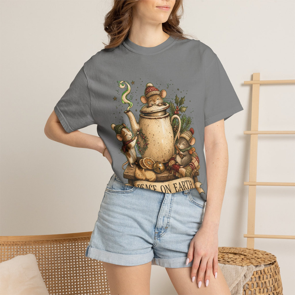 Peace on Earth Christmas T-Shirt — Vintage Holiday Tea & Mouse Illustration