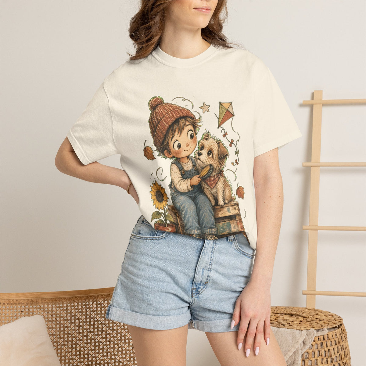 Autumn Kids & Puppy Graphic T-Shirt — Cozy Fall Cute Boy with Dog Design