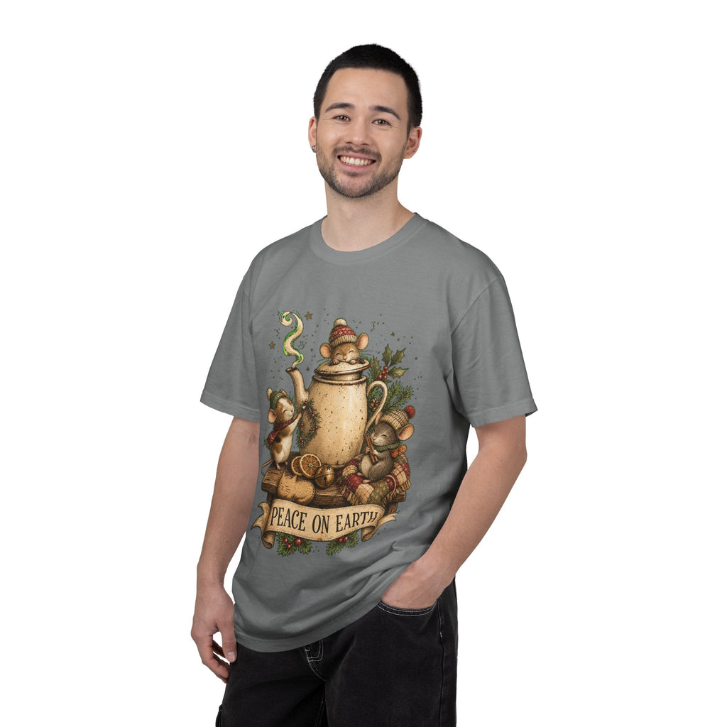 Peace on Earth Christmas T-Shirt — Vintage Holiday Tea & Mouse Illustration