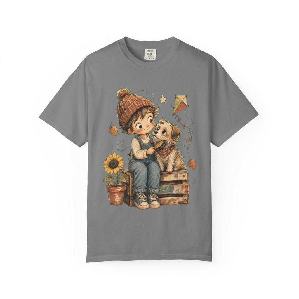 Autumn Kids & Puppy Graphic T-Shirt — Cozy Fall Cute Boy with Dog Design