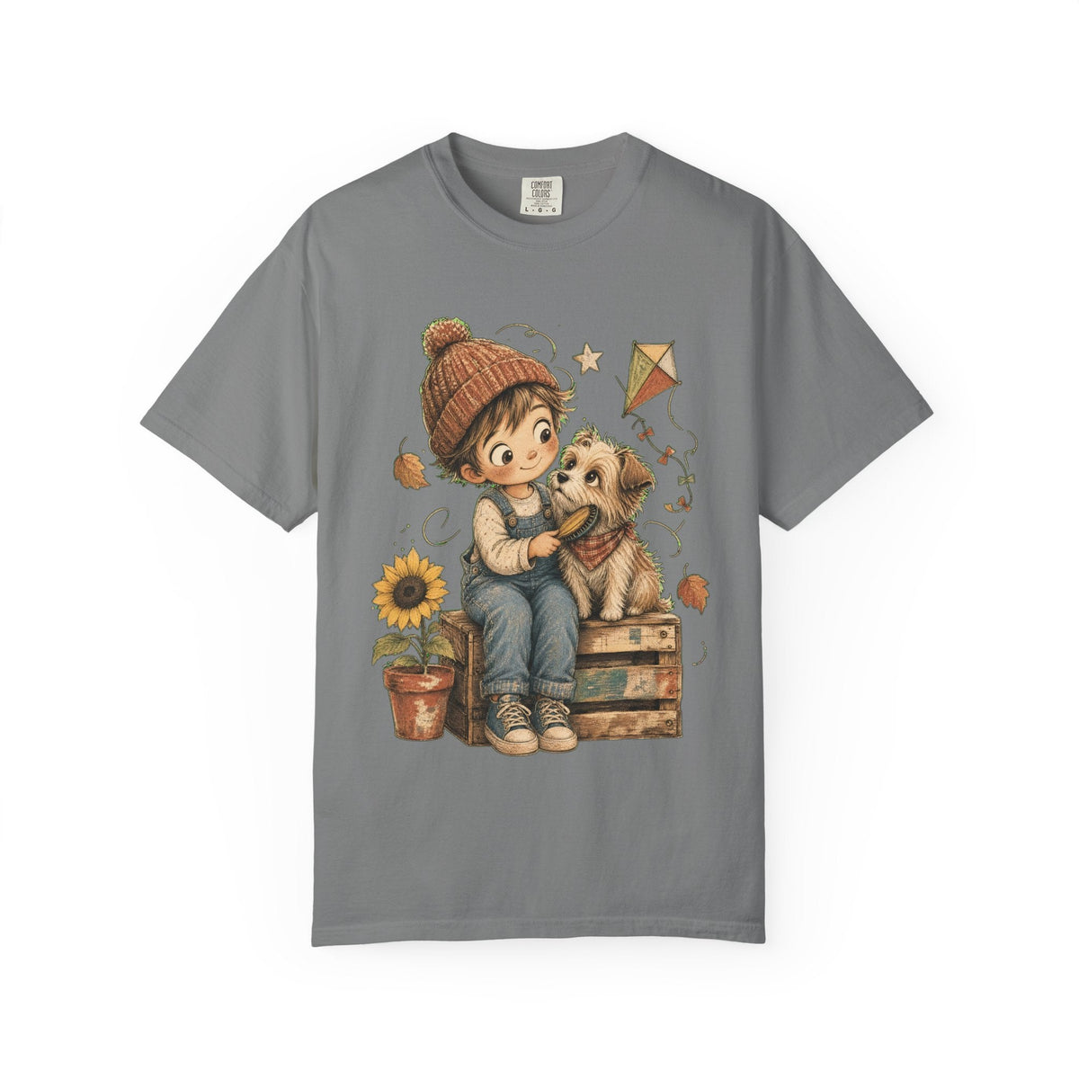 Autumn Kids & Puppy Graphic T-Shirt — Cozy Fall Cute Boy with Dog Design