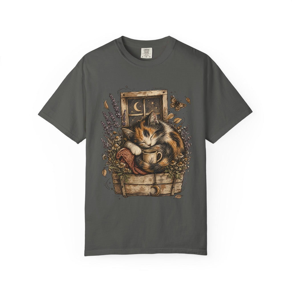 Cozy Cat Nook T-Shirt — Sleeping Cat with Tea & Lavender Graphic