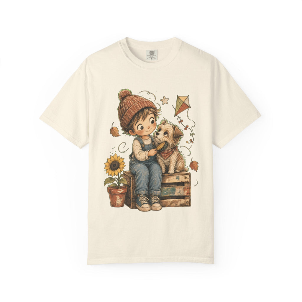 Autumn Kids & Puppy Graphic T-Shirt — Cozy Fall Cute Boy with Dog Design