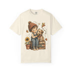 Autumn Kids & Puppy Graphic T-Shirt — Cozy Fall Cute Boy with Dog Design