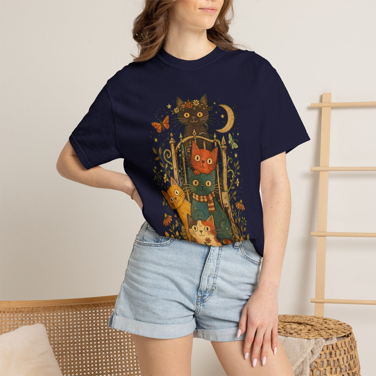 Cat Stack T-Shirt — Autumn Woodland Cats with Moon & Butterflies