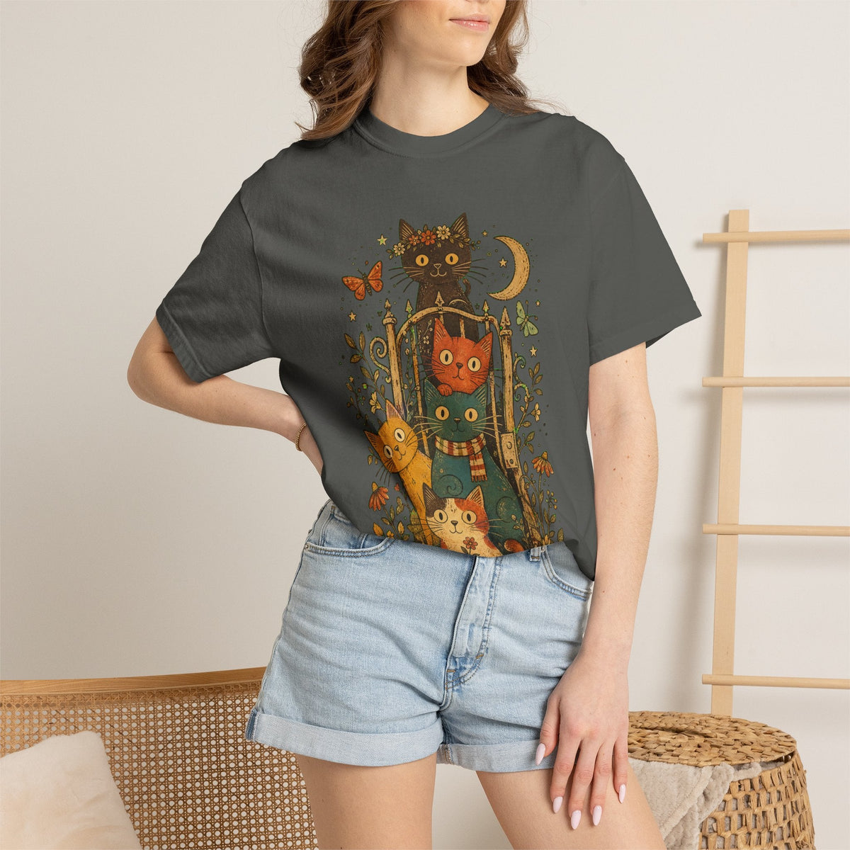 Cat Stack T-Shirt — Autumn Woodland Cats with Moon & Butterflies