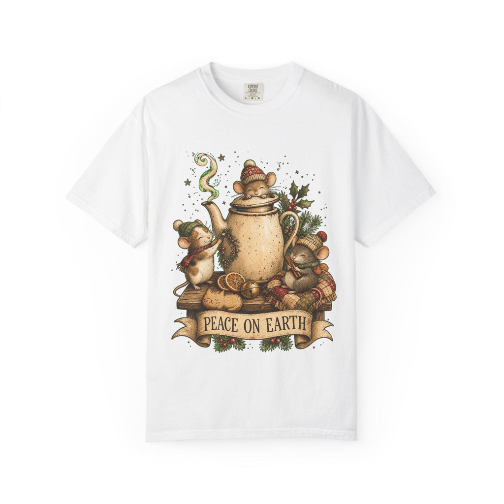 Peace on Earth Christmas T-Shirt — Vintage Holiday Tea & Mouse Illustration