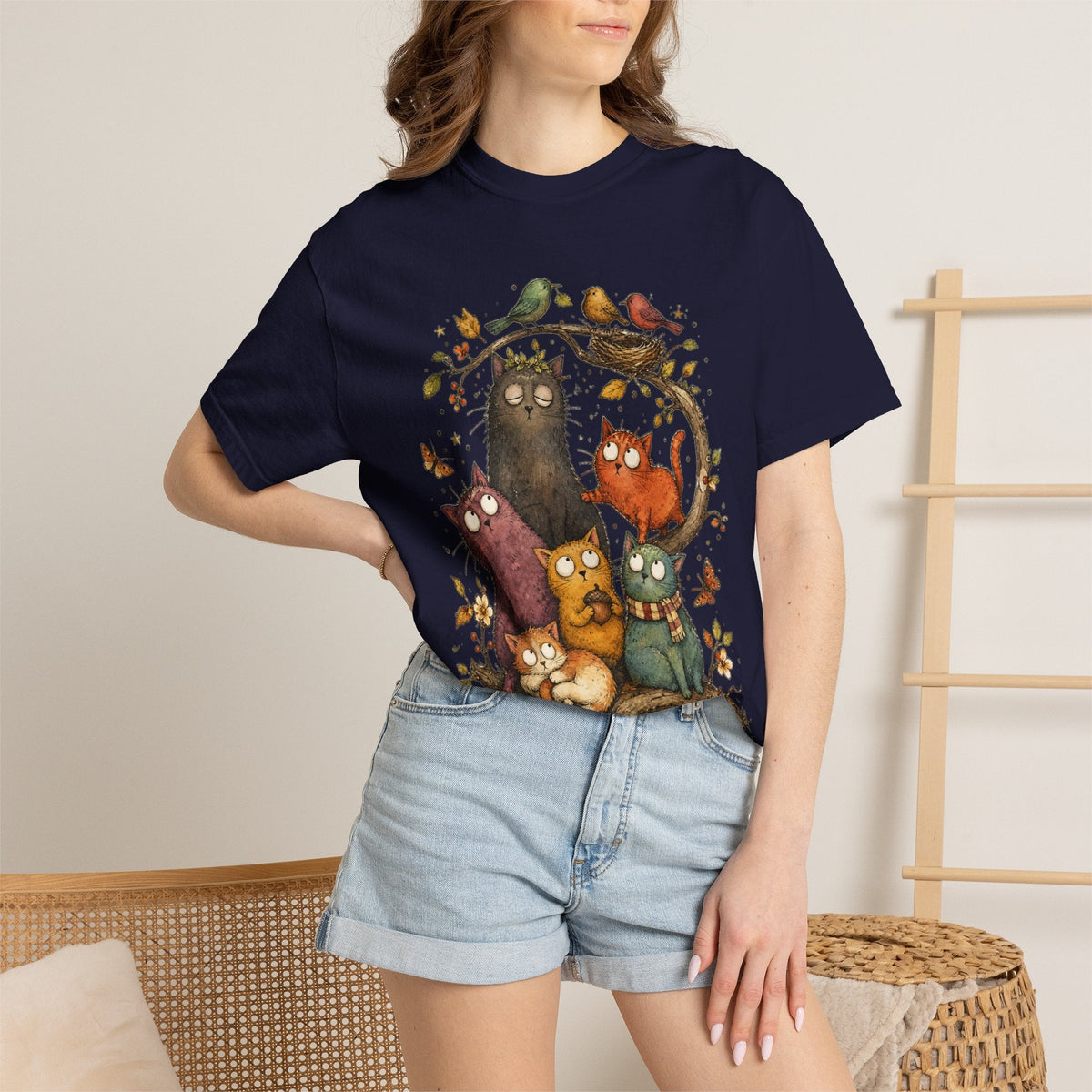 Cat Family Woodland Tee — Cute Autumn Cats Illustration T-Shirt